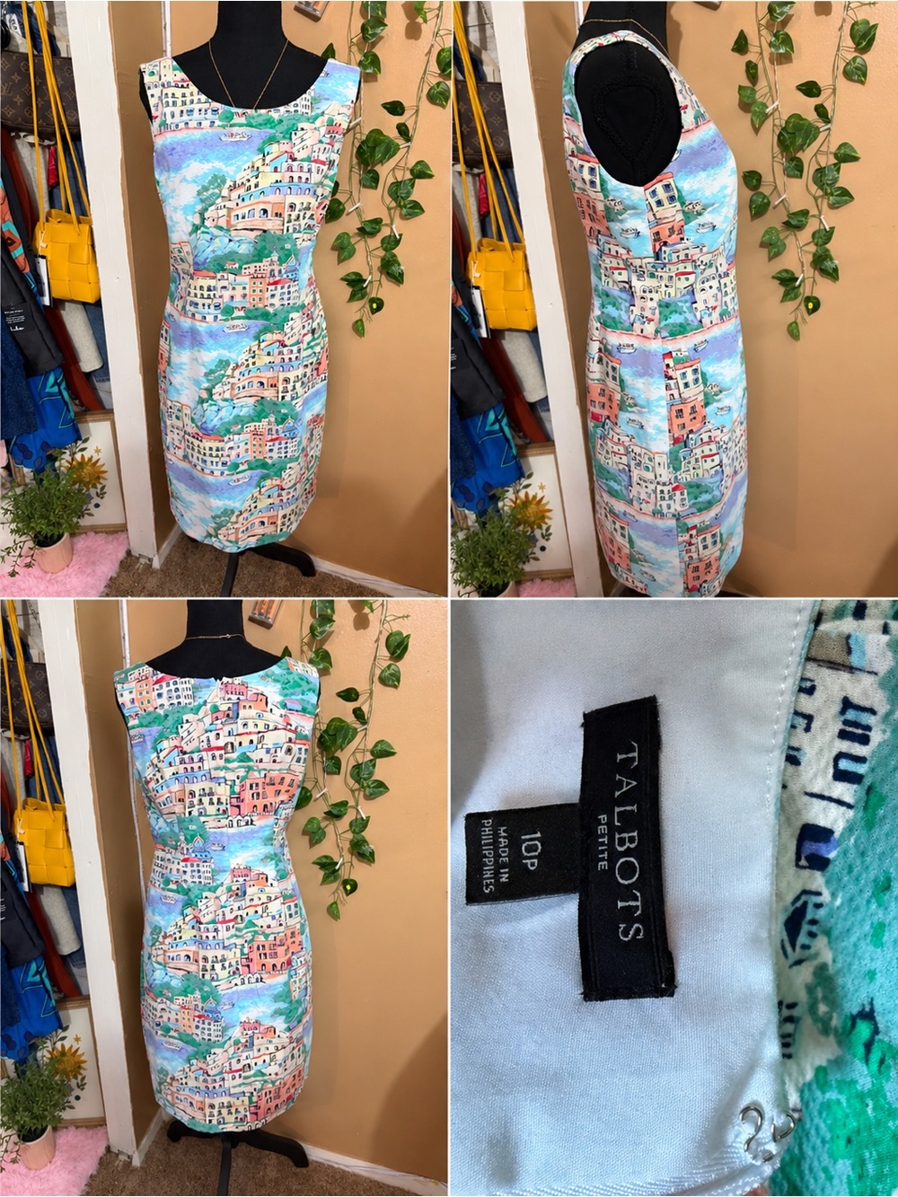Talbots Petite 10P Scenic Coastal Village Print Sleeveless Dress